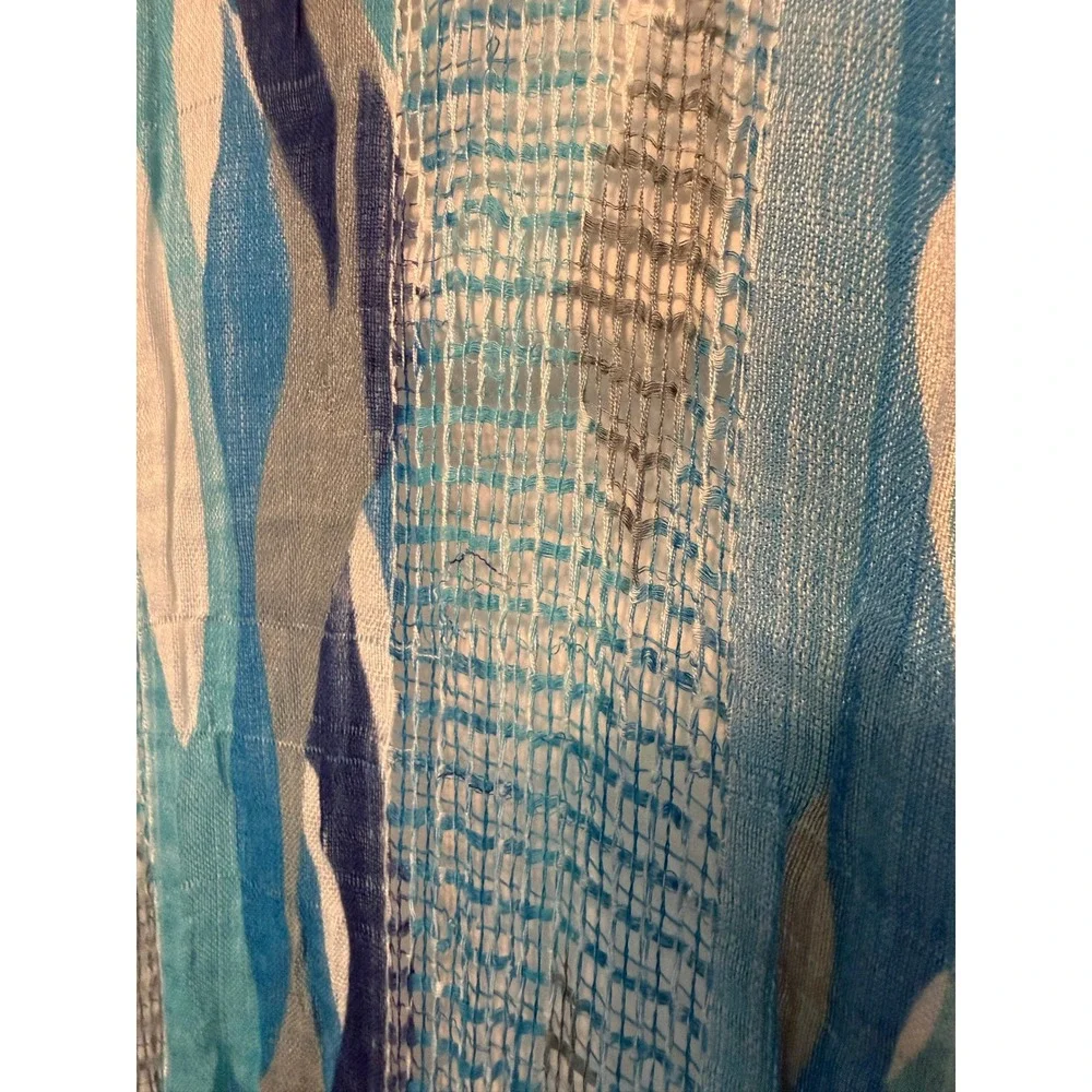 Blue Abstract Wavy Print Viscose Lightweight Fringe Scarf Wrap